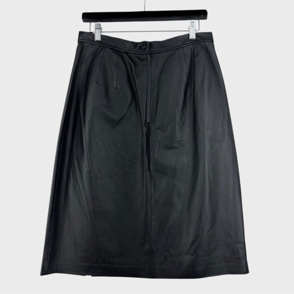 Vintage 90s Black Leather Skirt 12 Midi Length Minimalism Goth A-Line Skirt